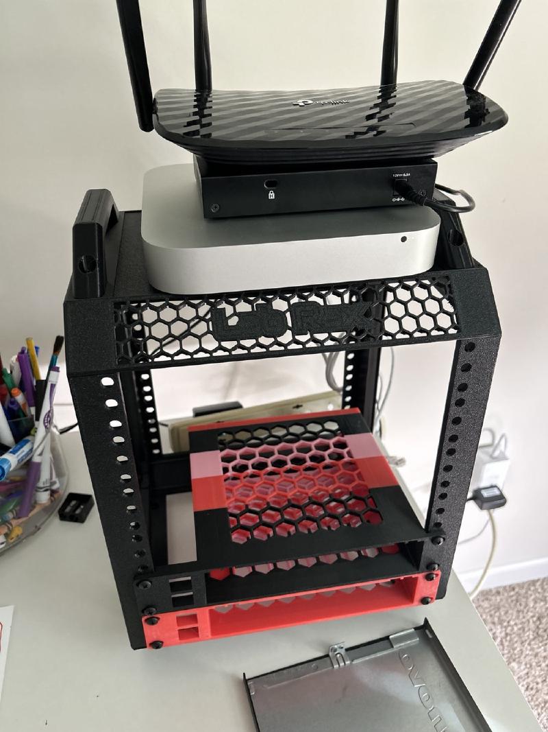 Assembled Labrax mini rack with a Mac mini and TP-Link router on top